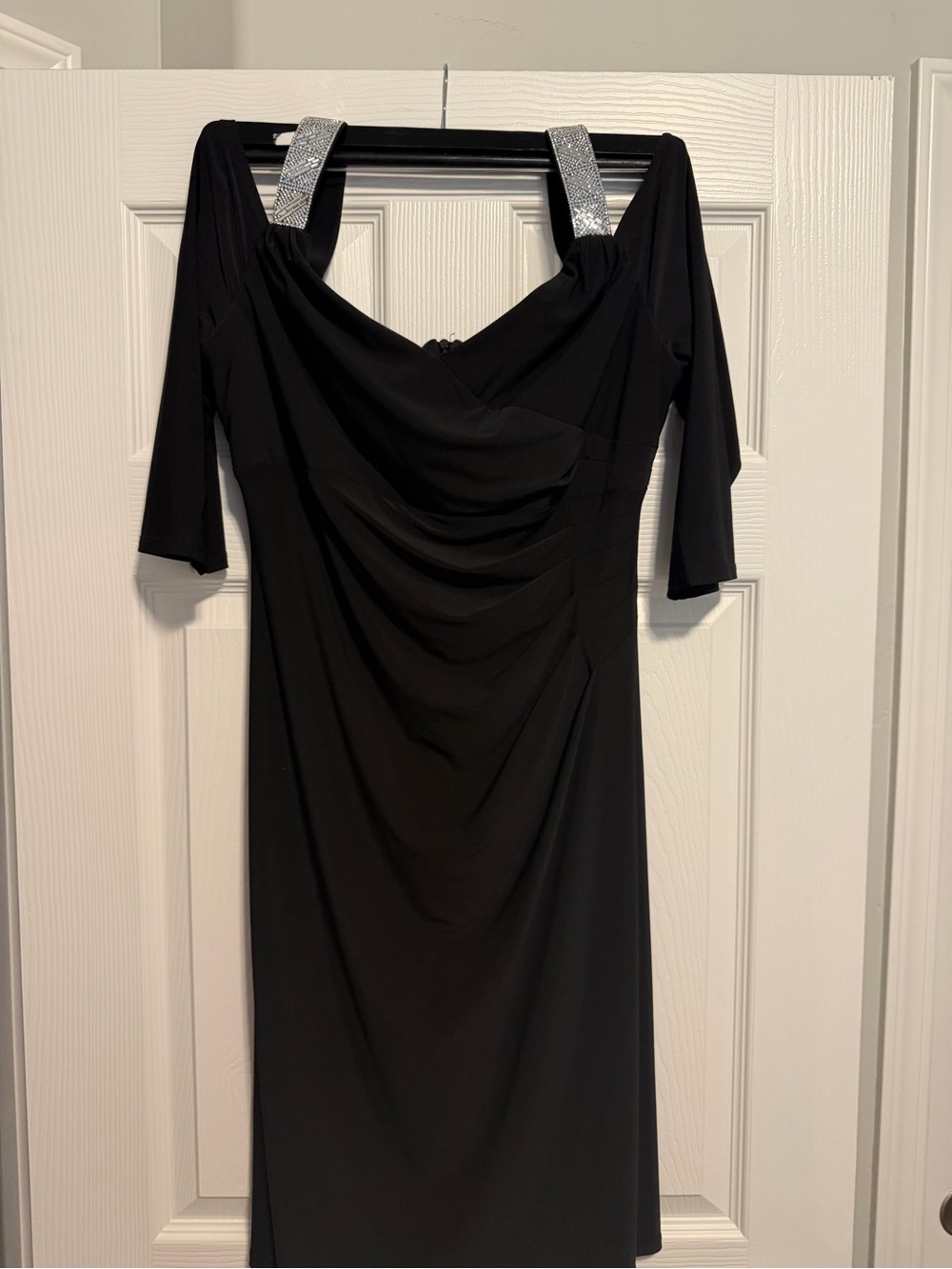 R&M Richards Black Long Sleeve Evening Dress with Silver Embellished Straps